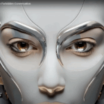 Close-up of humanoid robot face and mechanisms